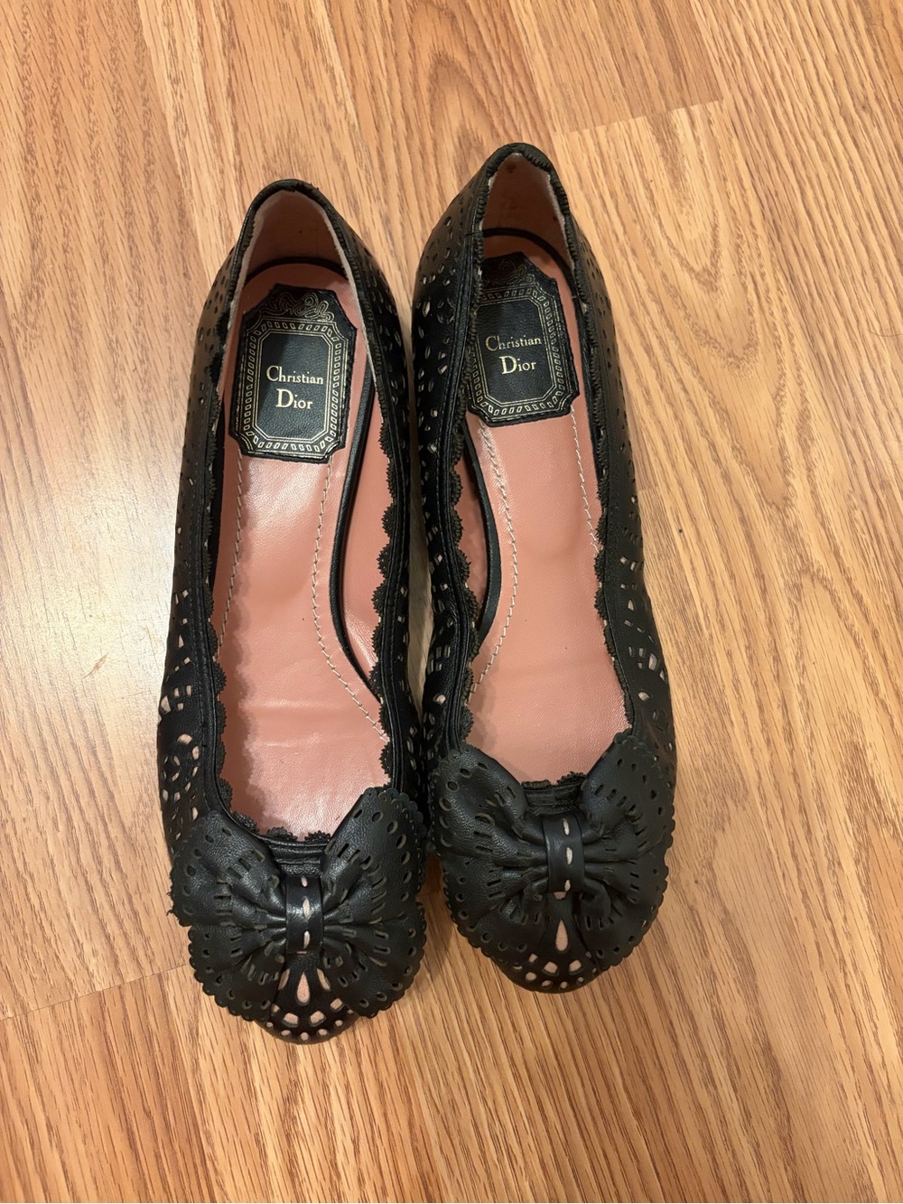Christian Dior Caprice Perforated Ballerina Black Laser-Cut Bow Ballet Flats